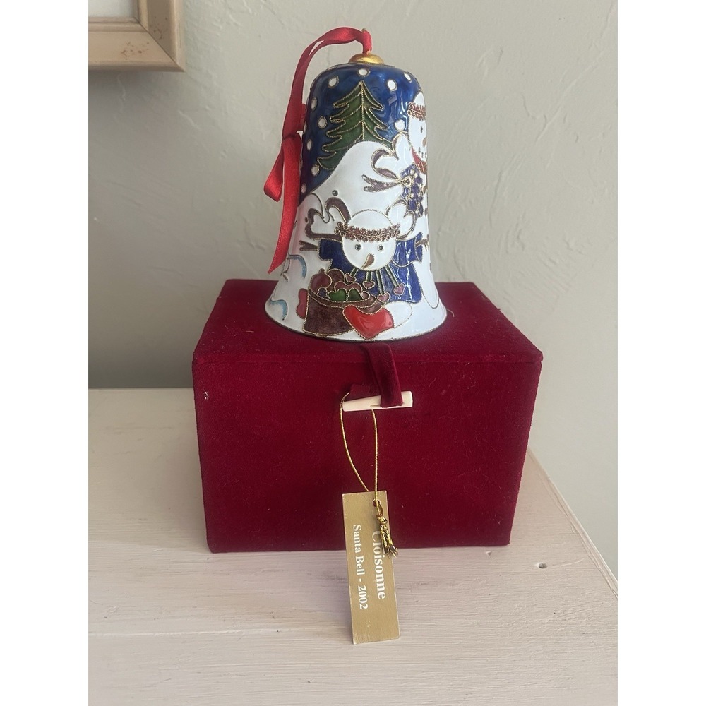 Vintage Dillards Christmas Ornament in Box Cloisonne Bell Santa Snowman 2002
